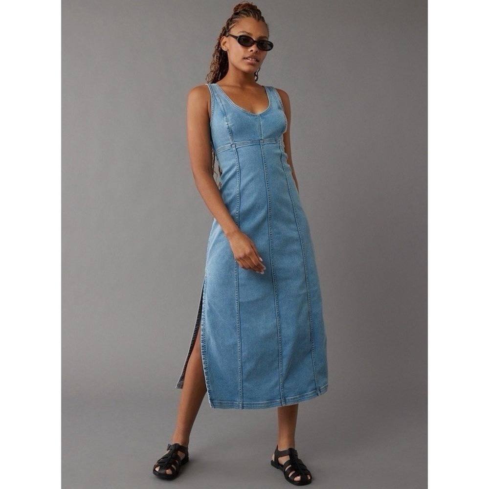 AE Denim Scoop Neck Maxi Dress Womens 14 Blue Stretch Bodycon Side Slit